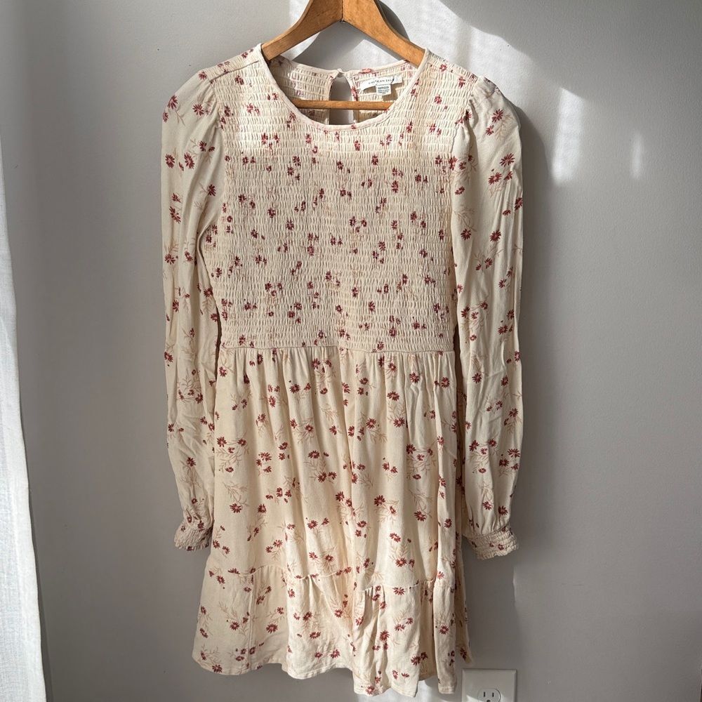 American Eagle Ivory Long Sleeve Smocked Floral Babydoll Dress